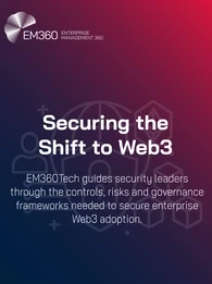 A gradient graphic in EM360Tech colours displays the headline &ldquo;Securing the Shift to Web3&rdquo;. Behind the text are simple line-style icons of a globe, shield with a padlock, user profile, and blockchain cubes. The EM360Tech logo appears in the top left. A subtitle reads: &ldquo;EM360Tech guides security leaders through the controls, risks and governance frameworks needed to secure enterprise Web3 adoption.&rdquo;