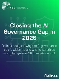 Header image for an EM360Tech article titled &ldquo;Closing the AI Governance Gap in 2026&rdquo;, featuring a green-to-deep purple gradient background with abstract AI circuitry, a security shield icon, and a rising bar chart, branded with Delinea and EM360Tech logos.
