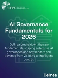 EM360Tech graphic titled “AI Governance Fundamentals for 2026,” featuring Delinea branding and text explaining how enterprises can move from AI visibility to intelligent control, set against a green and deep purple gradient with governance-themed icons.