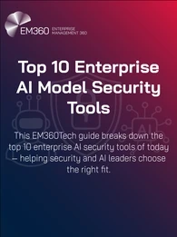Dark blue and red gradient graphic featuring EM360Tech’s logo and branding. Central headline reads ‘Top 10 Enterprise AI Model Security Tools’ in bold white text. Supporting text beneath explains that the guide helps security and AI leaders choose the right tools for protecting enterprise AI systems. Background includes subtle line art of a robot, padlock, and AI chip symbol, reinforcing the theme of AI and cybersecurity