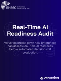 Header image showing EM360Tech and Ververica branding with the title &ldquo;Real-Time AI Readiness Audit&rdquo; and the subtitle &ldquo;Ververica breaks down how enterprises can assess real-time AI readiness before automated decisions hit production,&rdquo; set against a dark blue background with line-drawn icons representing AI, data pipelines, analytics, and performance metrics.