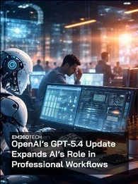 Header graphic showing a humanoid robot analysing data on multiple computer screens in a busy office while human workers sit at nearby desks. Overlaid text reads: “EM360Tech — OpenAI’s GPT-5.4 Update Expands AI’s Role in Professional Workflows.”