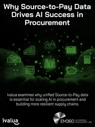 Dark, green-toned graphic showing two hands cupped together, holding glowing digital icons representing procurement and supply chain data, including charts, a factory, clipboard, and calculator. The headline reads &ldquo;Why Source-to-Pay Data Drives AI Success in Procurement.&rdquo; Subtext states that Ivalua explains how unified Source-to-Pay data supports scaling AI in procurement and strengthens supply chain resilience. Ivalua and EM360 logos appear at the bottom.