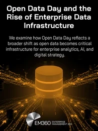 Header graphic with the title “Open Data Day and the Rise of Enterprise Data Infrastructure” and subtitle “We examine how Open Data Day reflects a broader shift as open data becomes critical infrastructure for enterprise analytics, AI, and digital strategy,” over an abstract image of a glowing central data hub with streams of digital data flowing across a network, with the EM360Tech  logo at the bottom.
