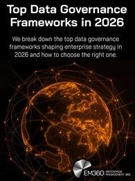 Header graphic with the title “Top Data Governance Frameworks in 2026” and subtitle “We break down the top data governance frameworks shaping enterprise strategy in 2026 and how to choose the right one.” The background shows a glowing orange digital globe connected by network lines, representing global data flows, with the EM360Tech Enterprise Management 360 logo in the bottom right.