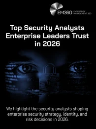 Dark, blue-toned image of a human face with digital code overlay and a central padlock icon symbolising cybersecurity. Overlaid text reads “Top Security Analysts Enterprise Leaders Trust in 2026,” with EM360 Enterprise Management 360 branding in the top right, and a subtitle about analysts shaping security strategy, identity, and risk decisions.