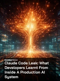 Dark, futuristic data centre scene with glowing orange neural network or circuitry at the centre, surrounded by screens of code. Overlaid text reads “EM360TECH” and “Claude Code Leak: What Developers Learnt From Inside A Production AI System.”