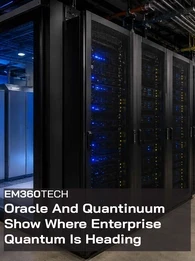 A blue-lit data centre with rows of black server racks and a glass-enclosed equipment area. Overlaid text reads: &ldquo;EM360TECH Oracle And Quantinuum Show Where Enterprise Quantum Is Heading.&rdquo;