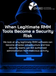 EM360Tech header graphic on a black background showing a blue-outlined hooded figure behind a laptop, surrounded by remote-access icons. White text reads: “When Legitimate RMM Tools Become a Security Risk. We look at why legitimate RMM software can become attacker infrastructure and how security teams can tell authorised administration from malicious activity.”