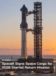 SpaceX Starship stands beside its launch tower at sunset, with a pale blue and orange sky over the coastal launch site. A dark translucent banner across the lower half reads &ldquo;EM360TECH&rdquo; and &ldquo;SpaceX Signs Space Cargo for 2028 Starfall Return Mission&rdquo; in large white text.