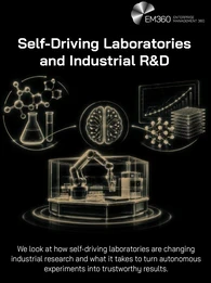 EM360Tech header graphic featuring a beige vector illustration of a robotic arm working with laboratory equipment, test tubes and sample trays against a black background. Large white text reads “Self-Driving Laboratories and Industrial R&D”, with the subtitle “We look at how self-driving laboratories are changing industrial research and what it takes to turn autonomous experiments into trustworthy results.” The white EM360Tech logo appears in the top-right corner.