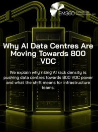 Black header graphic showing olive green illuminated data centre server racks and overhead power cables. White text reads “Why AI Data Centres Are Moving Towards 800 VDC”, with the subtitle about rising AI rack density and the EM360 logo in the top right.