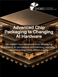 EM360Tech header graphic with a black background and a glowing beige-gold illustration of layered semiconductor chips connected by fine circuitry. White EM360 logo at the top right. Large white headline reads “Advanced Chip Packaging Is Changing AI Hardware”, with the subtitle “We explain how advanced chip packaging connects AI processors and memory, and why manufacturing limits affect supply.”