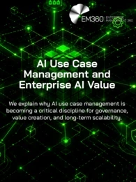 EM360Tech title graphic for an article about AI use case management and enterprise AI value, featuring a glowing green network of connected data nodes, AI systems, user icons, analytics symbols, and interconnected digital infrastructure on a black background. Visible text reads: “AI Use Case Management and Enterprise AI Value” and “We explain why AI use case management is becoming a critical discipline for governance, value creation, and long-term scalability.”