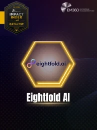 Dark purple and black background with subtle geometric patterns, curved wave lines and gold accents. Top left is a black and gold shield reading “Q3 2026 EM360TECH IMPACT INDEX CATALYST WINNER”. Top right is the white EM360 Enterprise Management 360 logo. Centre features the multicoloured eightfold.ai logo inside a glowing gold hexagon, with “Eightfold AI” in large white text below.