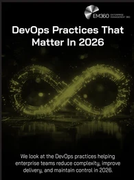 Dark EM360Tech header image titled “DevOps Practices That Matter In 2026”. A glowing yellow-green infinity loop, representing the continuous DevOps lifecycle, dominates the centre against a black digital background with faint gears and technological details. Supporting text states: “We look at the DevOps practices helping enterprise teams reduce complexity, improve delivery, and maintain control in 2026.” The EM360 Enterprise Management 360 logo appears in the upper-right corner.
