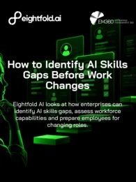Black background with neon green illustrations of a woman in profile facing a humanoid AI robot, surrounded by floating digital employee profiles, checkmarks and steps. White Eightfold.ai logo at the top left and EM360 Enterprise Management 360 logo at the top right. Large white headline reads “How to Identify AI Skills Gaps Before Work Changes”, with smaller white text below: “Eightfold AI looks at how enterprises can identify AI skills gaps, assess workforce capabilities and prepare employees for changing