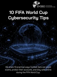 EM360Tech article header graphic titled “10 FIFA World Cup Cybersecurity Tips” featuring a glowing blue digital football stadium beneath a connected globe, surrounded by network lines and icons representing location, Wi-Fi, mobile devices, people, analytics, security, video, ticketing and transport. Supporting text reads: “We share 10 practical ways football fans can avoid scams, protect their accounts, and stay safe online during the FIFA World Cup.” The image also shows alternative portrait and square ver