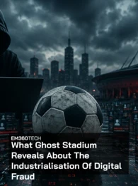 A dark cybercrime-themed illustration showing a hooded figure using a laptop beside a large football in the foreground. Digital profile screens and red data streams cover the ground, while a brightly lit stadium and city skyline sit beneath storm clouds in the background. An EM360Tech headline overlay reads: "What Ghost Stadium Reveals About The Industrialisation Of Digital Fraud."
