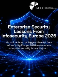 Header graphic for the article "Enterprise Security Lessons From Infosecurity Europe 2026" showing a glowing blue digital shield with a padlock at its centre, surrounded by interconnected network lines and a digital globe on a black background. The EM360 logo appears in the top right, with the subtitle: "We look at how the biggest themes from Infosecurity Europe 2026 reveal where enterprise security is heading next."