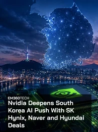 An EM360Tech news graphic showing Seoul’s illuminated skyline at dusk beneath a glowing digital map of South Korea connected by a network of blue nodes. Bold text reads “Nvidia Deepens South Korea AI Push With SK Hynix, Naver and Hyundai Deals.”