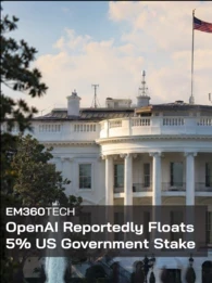 An EM360Tech news graphic showing the White House beneath a raised US flag. Bold text reads “OpenAI Reportedly Floats 5% US Government Stake,” framing a report about a potential US government ownership stake in OpenAI.