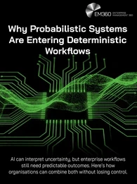Header graphic titled “Probabilistic AI Systems in Deterministic Workflows”. Green digital waves pass through and around a central processor, with circuit-like connections extending across a black background. Supporting text explains that probabilistic AI systems require deterministic controls to keep enterprise workflows reliable, governed and safe to scale. The EM360 logo appears at the top.