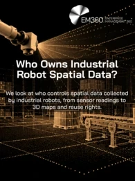 EM360Tech header graphic with a black background and beige-gold (#D3A877) illustration of an industrial robotic arm scanning a warehouse filled with wireframe shelving, boxes and conveyors. Glowing dots and lines form a 3D spatial map. White EM360Tech logo at the top right. Large white headline reads &ldquo;Who Owns Industrial Robot Spatial Data?&rdquo; with the subtitle &ldquo;We look at who controls spatial data collected by industrial robots, from sensor readings to 3D maps and reuse rights.&rdquo;