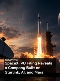 graphic for an EM360Tech article titled “SpaceX IPO Sends Elon Musk Past $1 Trillion.” A large portrait of Elon Musk dominates the left side of the image, looking upward against a dark, dramatic sky. On the right, a rocket launches from a pad with bright orange flames and smoke, rising above a city skyline at dusk. Transparent stock market candlestick charts and trend lines are overlaid across the scene, symbolising financial growth and investor activity. The article title appears in large white text 