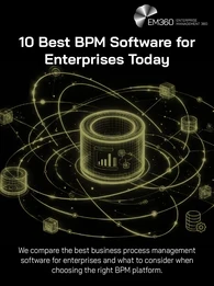 EM360Tech header graphic with a black background and olive-green illustrations of a central laptop displaying a workflow diagram, connected to icons representing automation, employees, databases, cloud systems, coding, AI and documents. Large white text reads “Best BPM Software for Enterprises Today”, with a subtitle explaining the comparison of enterprise BPM software and selection criteria. The white EM360 logo appears in the upper-right corner.