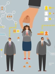 A row of animated businesspeople with icons of data on top of their heads.