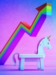Unicorn in front of a rainbow graph showing a dramatic upward trajectory