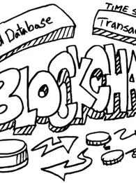 graphic with blockchain in graffiti style letting with distributed database pointing to the left and transactions pointing to the right