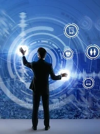 A businessman manipulating cloud-related icons on a see-through screen with a city landscape in the background.