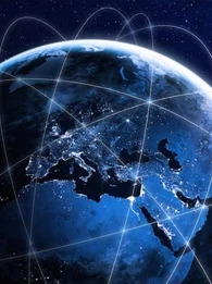 An image of the Earth showing connectivity between countries and cities around the globe