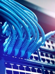 Image of IT cables in an IT server in blue and red lighting