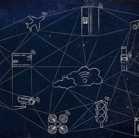 Icons showing various aspects of IoT such as home, the cloud, phones, cars, fridges, washing machines, and planes, and how they're all connected