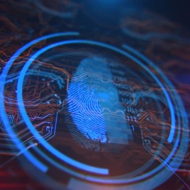 A fingerprint against a circuitry background in blue and red.