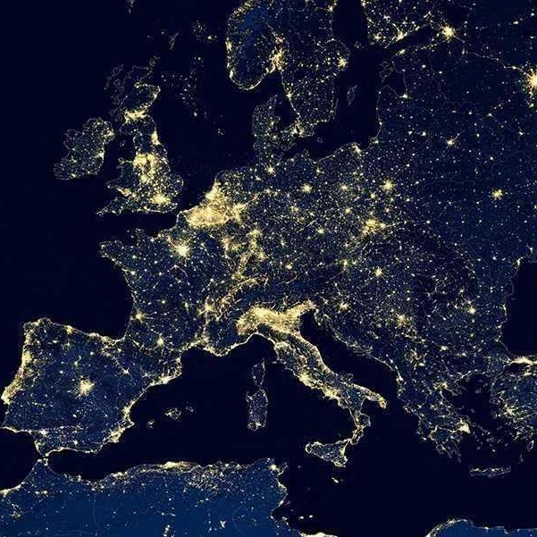 Satellite view of city lights across European continent.