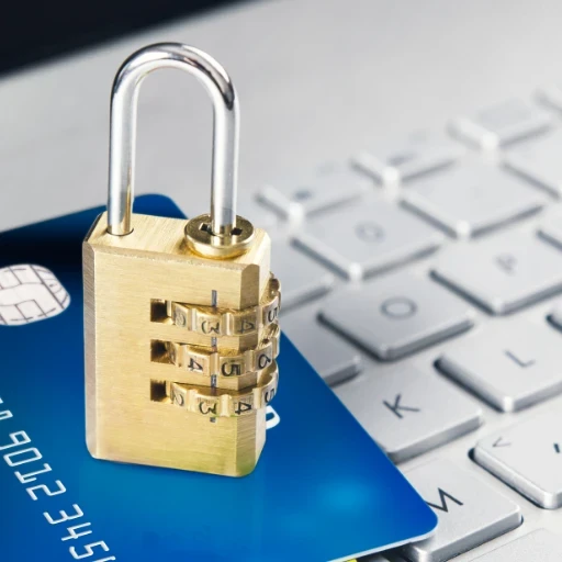 A lock sitting on top of a card that's laying on a keyboard.