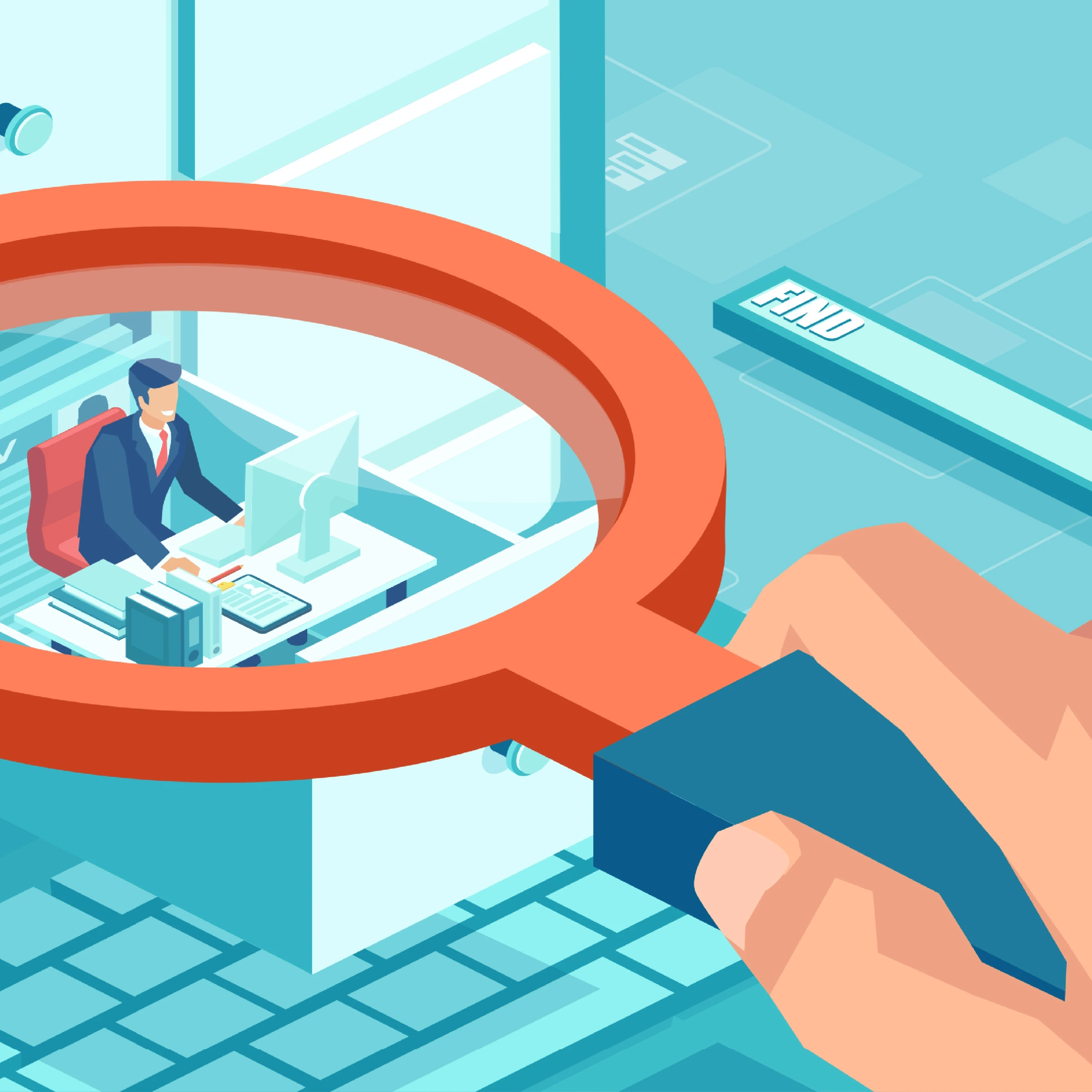 An animated picture of a hand holding a magnifying glass over an employee in a cubicle.