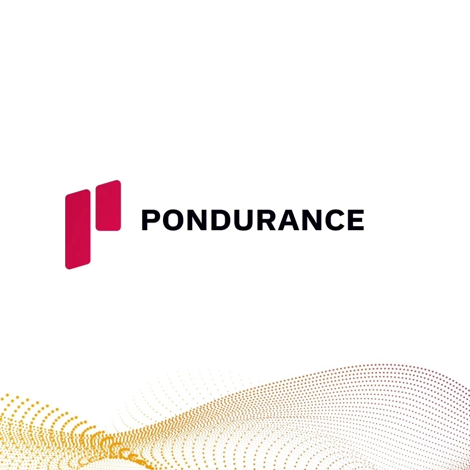 The Pondurance company logo with an animated person sitting in the corner pondering.