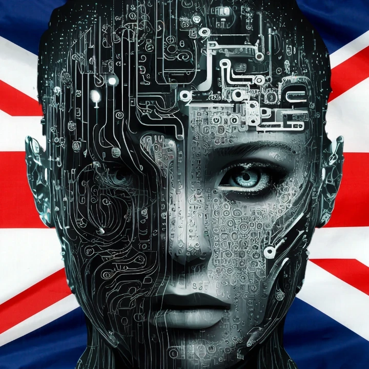 Robotic female in gray in front of a UK flag.