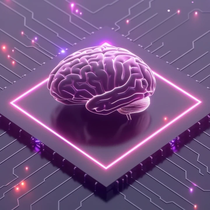 An animated brain on top a microchip with network running from it.