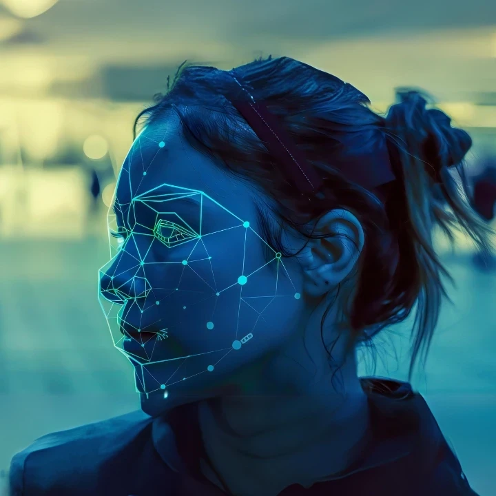 A woman with a tracking grid projected onto her face.