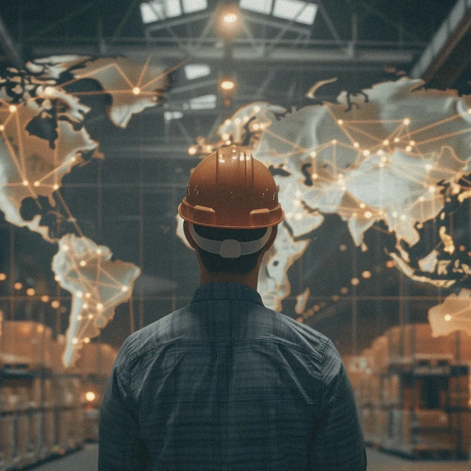 A person in a hardhat looking up at a virtual map of the world in a warehouse.