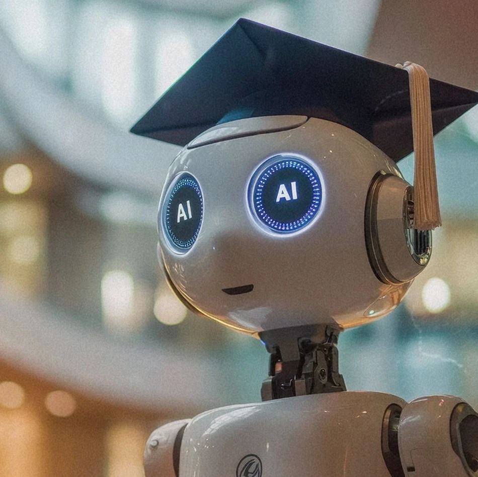 An animated robot with a graduation cap and its eyes showing the words "AI"