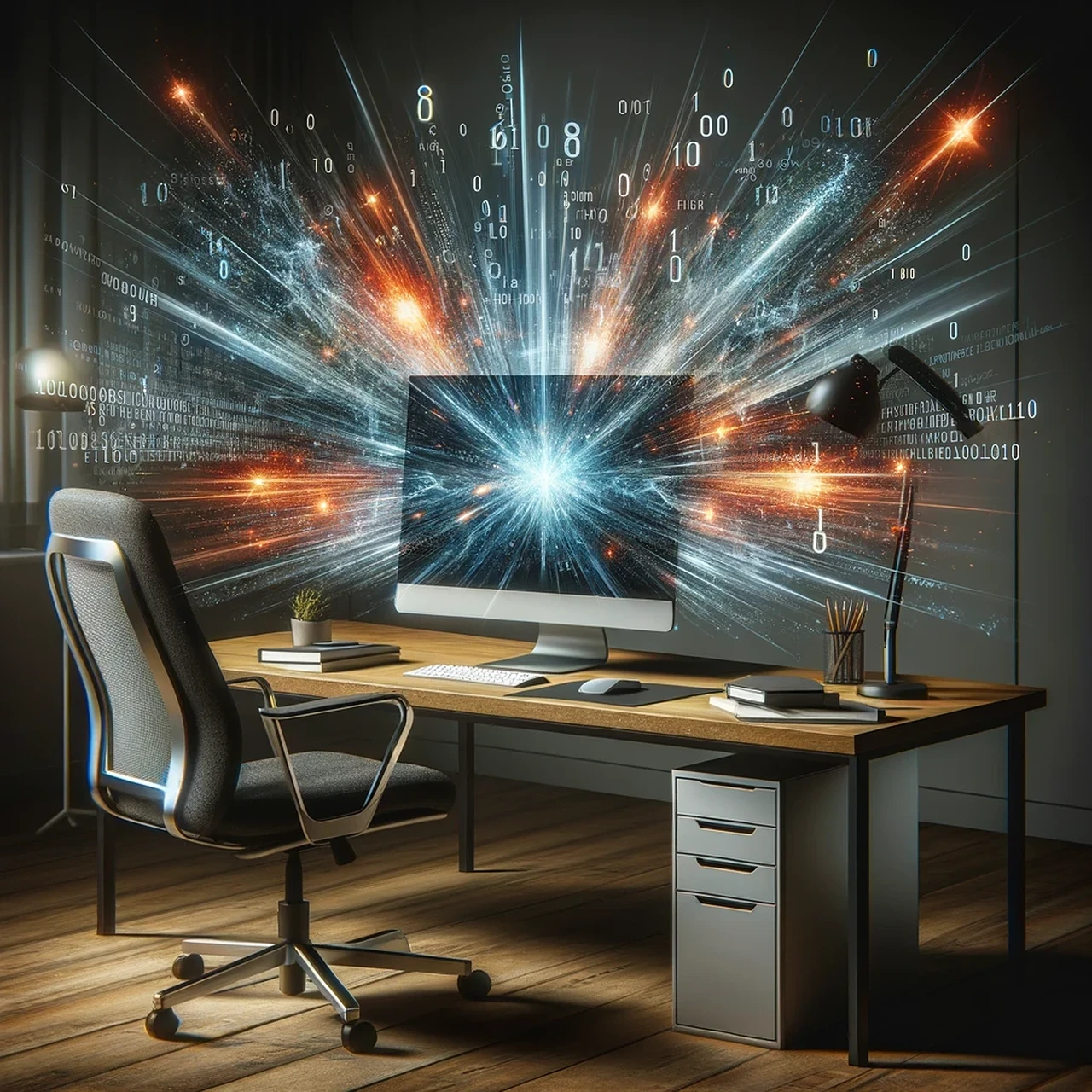 A computer screen on a desk with an explosion of code coming out of it.