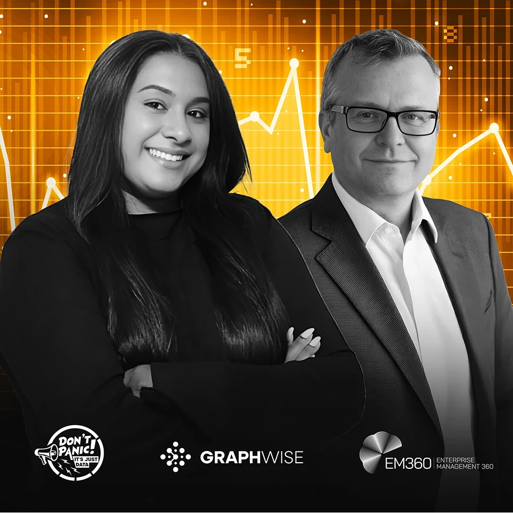 Podcast promo image for EM360Tech’s ‘Don’t Panic, It’s Just Data’ episode where Trisha Pillay interviews Andreas Blumauer about retrieval-augmented generation (RAG), Graph RAG, and enterprise AI adoption.