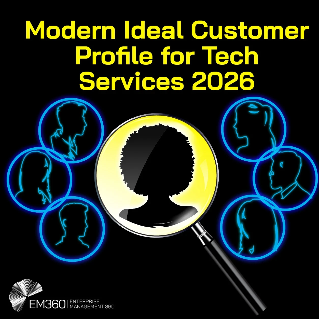 Header image with neon-style illustration titled “Modern Ideal Customer Profile for Tech Services 2026”, showing a central magnifying glass highlighting a single customer profile, surrounded by multiple outlined buyer silhouettes, with the EM360 Enterprise Management 360 logo at the bottom.